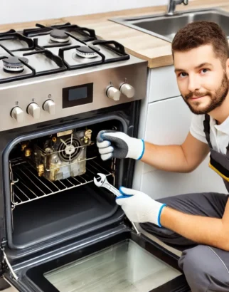 DALL·E 2024-11-17 01.32.28 - A professional technician repairing a gas oven in a well-lit kitchen. The technician is wearing a uniform, gloves, and is using a wrench to fix the ov